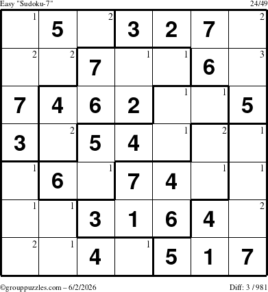 The grouppuzzles.com Easy Sudoku-7 puzzle for Tuesday June 2, 2026 with the first 3 steps marked