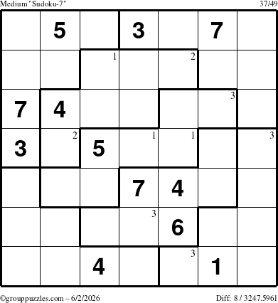 The grouppuzzles.com Medium Sudoku-7 puzzle for Tuesday June 2, 2026 with the first 3 steps marked