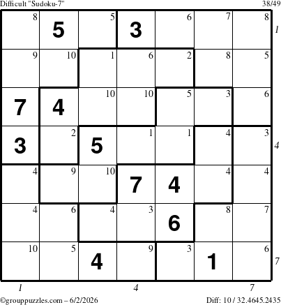 The grouppuzzles.com Difficult Sudoku-7 puzzle for Tuesday June 2, 2026 with all 10 steps marked
