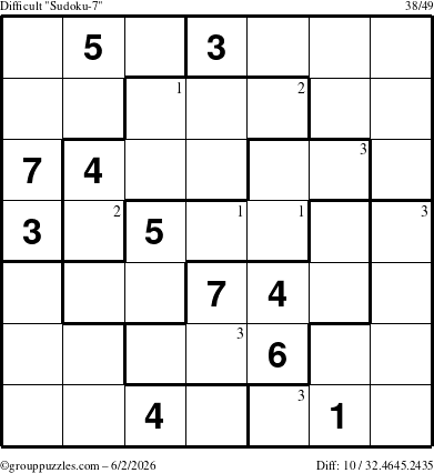The grouppuzzles.com Difficult Sudoku-7 puzzle for Tuesday June 2, 2026 with the first 3 steps marked