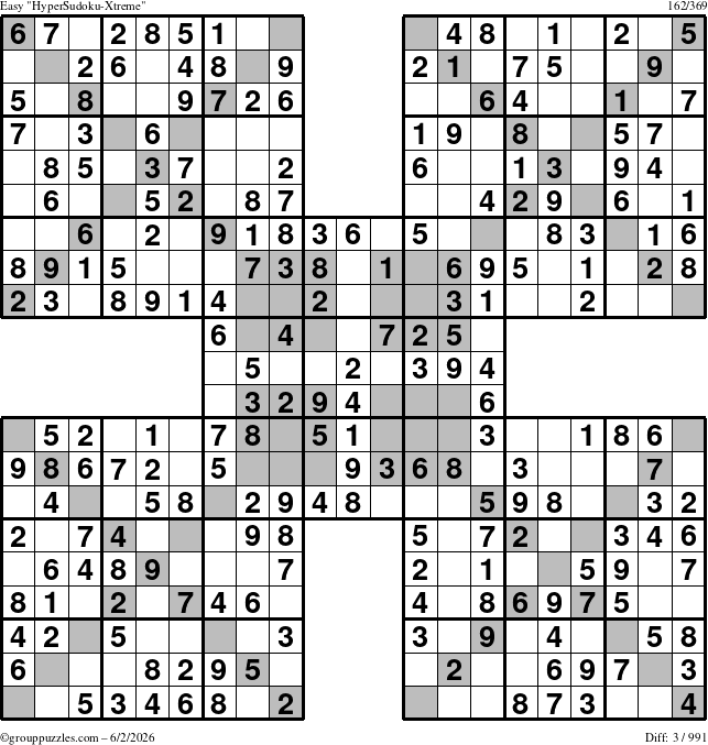 The grouppuzzles.com Easy HyperSudoku-Xtreme puzzle for Tuesday June 2, 2026