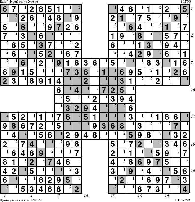 The grouppuzzles.com Easy HyperSudoku-Xtreme puzzle for Tuesday June 2, 2026 with all 3 steps marked