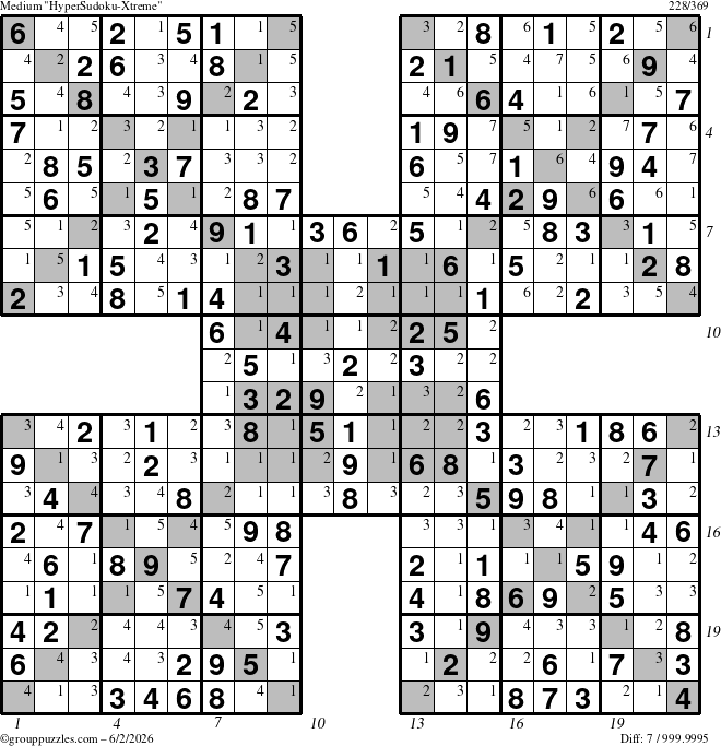 The grouppuzzles.com Medium HyperSudoku-Xtreme puzzle for Tuesday June 2, 2026 with all 7 steps marked
