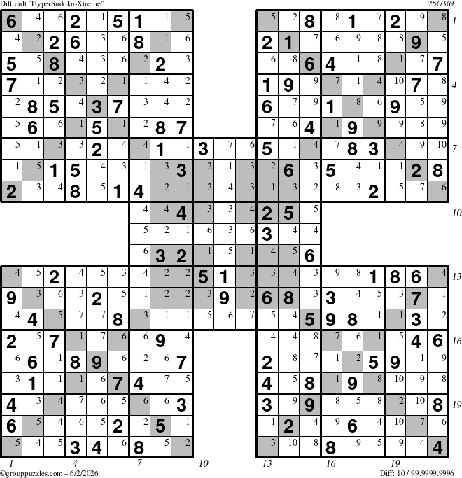 The grouppuzzles.com Difficult HyperSudoku-Xtreme puzzle for Tuesday June 2, 2026, suitable for printing, with all 10 steps marked