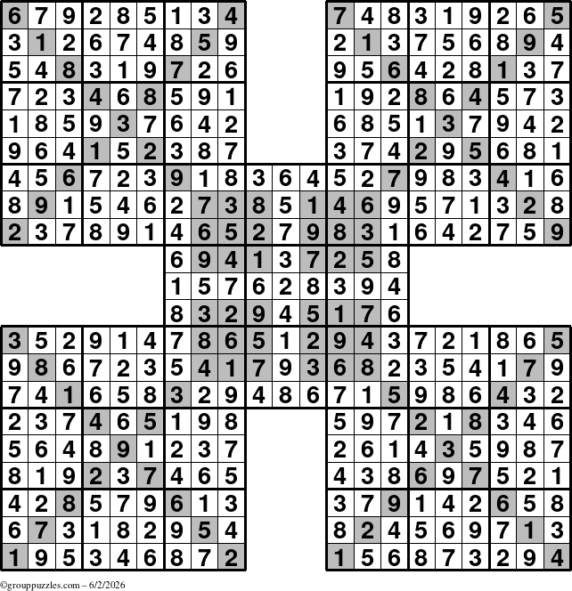 The grouppuzzles.com Answer grid for the HyperSudoku-Xtreme puzzle for Tuesday June 2, 2026