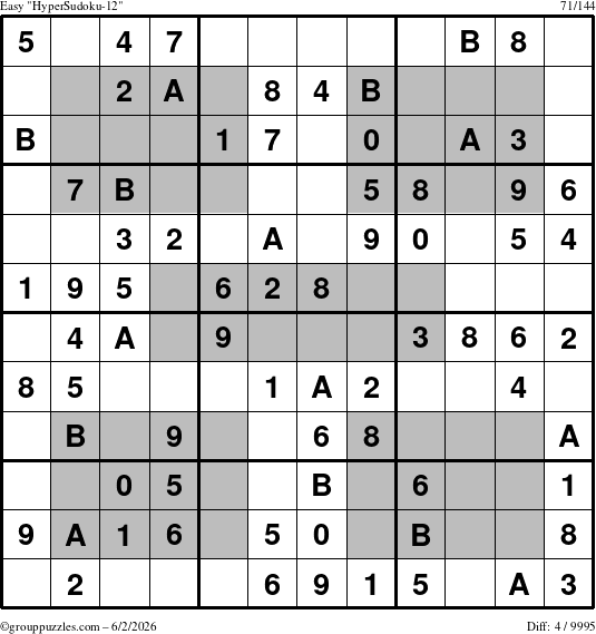 The grouppuzzles.com Easy HyperSudoku-12 puzzle for Tuesday June 2, 2026