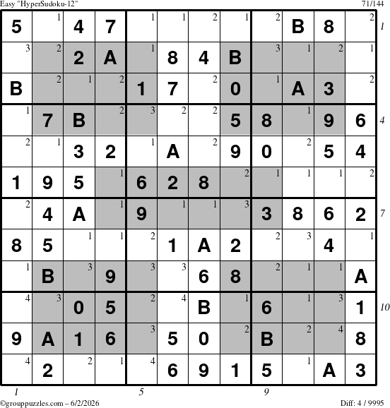 The grouppuzzles.com Easy HyperSudoku-12 puzzle for Tuesday June 2, 2026, suitable for printing, with all 4 steps marked