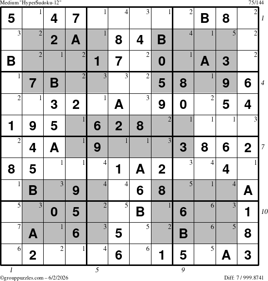 The grouppuzzles.com Medium HyperSudoku-12 puzzle for Tuesday June 2, 2026, suitable for printing, with all 7 steps marked