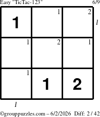 The grouppuzzles.com Easy TicTac-123 puzzle for Tuesday June 2, 2026, suitable for printing, with all 2 steps marked