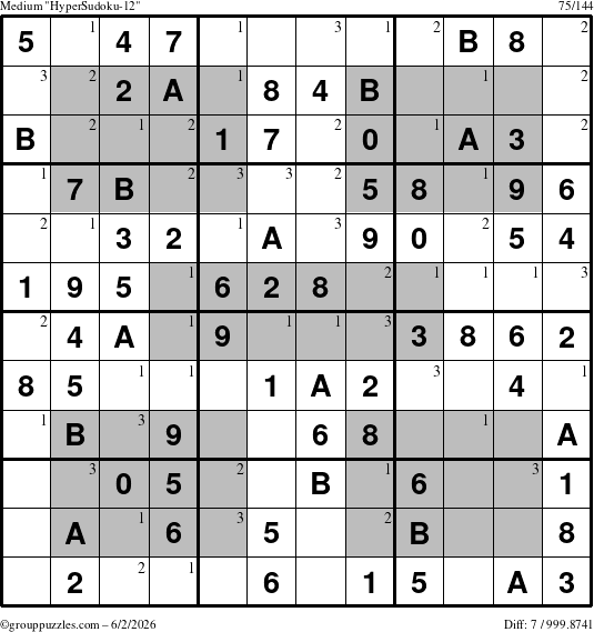 The grouppuzzles.com Medium HyperSudoku-12 puzzle for Tuesday June 2, 2026 with the first 3 steps marked