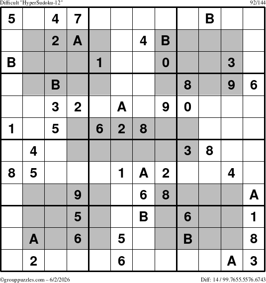 The grouppuzzles.com Difficult HyperSudoku-12 puzzle for Tuesday June 2, 2026