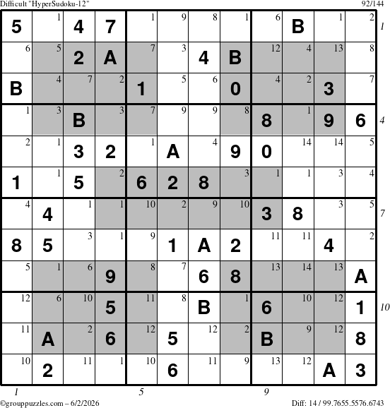 The grouppuzzles.com Difficult HyperSudoku-12 puzzle for Tuesday June 2, 2026 with all 14 steps marked