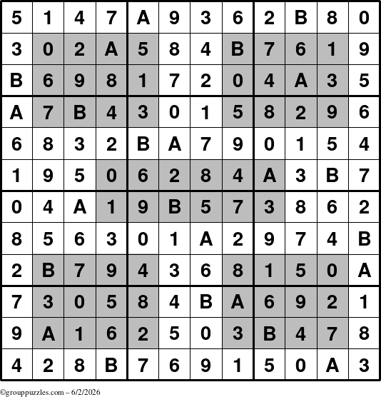 The grouppuzzles.com Answer grid for the HyperSudoku-12 puzzle for Tuesday June 2, 2026