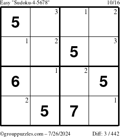 The grouppuzzles.com Easy Sudoku-4-5678 puzzle for Friday July 26, 2024 with the first 3 steps marked