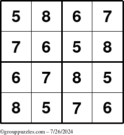 The grouppuzzles.com Answer grid for the Sudoku-4-5678 puzzle for Friday July 26, 2024