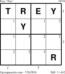 The grouppuzzles.com Easy Trey puzzle for Friday July 26, 2024 with all 3 steps marked