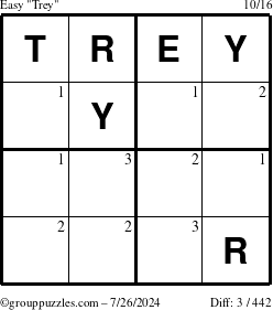 The grouppuzzles.com Easy Trey puzzle for Friday July 26, 2024 with the first 3 steps marked