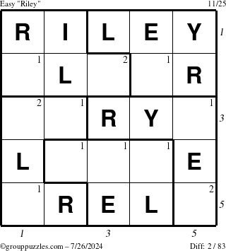 The grouppuzzles.com Easy Riley puzzle for Friday July 26, 2024 with all 2 steps marked