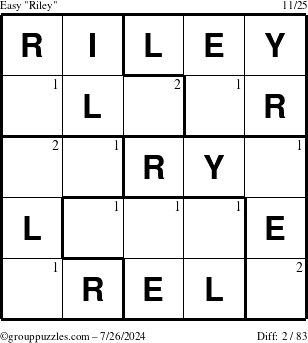 The grouppuzzles.com Easy Riley puzzle for Friday July 26, 2024 with the first 2 steps marked