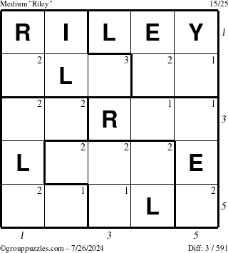 The grouppuzzles.com Medium Riley puzzle for Friday July 26, 2024 with all 3 steps marked