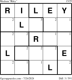 The grouppuzzles.com Medium Riley puzzle for Friday July 26, 2024 with the first 3 steps marked