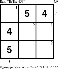 The grouppuzzles.com Easy TicTac-456 puzzle for Friday July 26, 2024, suitable for printing, with all 2 steps marked