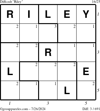 The grouppuzzles.com Difficult Riley puzzle for Friday July 26, 2024, suitable for printing, with all 3 steps marked