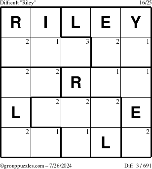 The grouppuzzles.com Difficult Riley puzzle for Friday July 26, 2024 with the first 3 steps marked