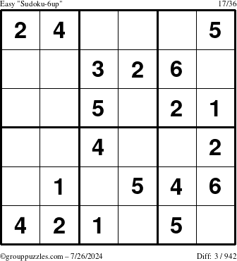 The grouppuzzles.com Easy Sudoku-6up puzzle for Friday July 26, 2024