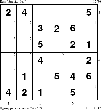 The grouppuzzles.com Easy Sudoku-6up puzzle for Friday July 26, 2024 with all 3 steps marked