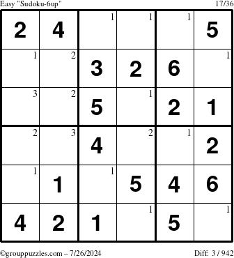 The grouppuzzles.com Easy Sudoku-6up puzzle for Friday July 26, 2024 with the first 3 steps marked