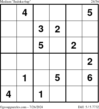 The grouppuzzles.com Medium Sudoku-6up puzzle for Friday July 26, 2024