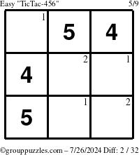 The grouppuzzles.com Easy TicTac-456 puzzle for Friday July 26, 2024 with the first 2 steps marked