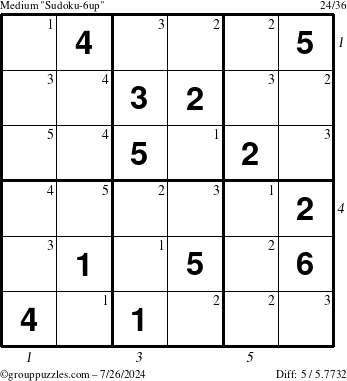 The grouppuzzles.com Medium Sudoku-6up puzzle for Friday July 26, 2024, suitable for printing, with all 5 steps marked