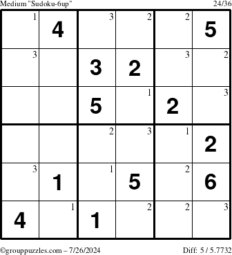 The grouppuzzles.com Medium Sudoku-6up puzzle for Friday July 26, 2024 with the first 3 steps marked