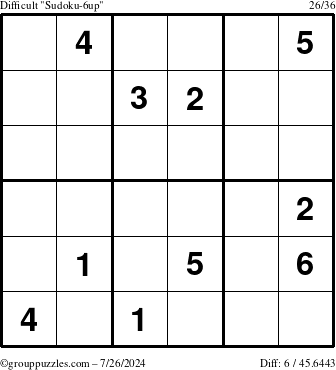 The grouppuzzles.com Difficult Sudoku-6up puzzle for Friday July 26, 2024