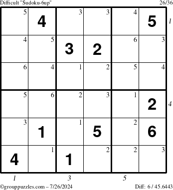 The grouppuzzles.com Difficult Sudoku-6up puzzle for Friday July 26, 2024 with all 6 steps marked