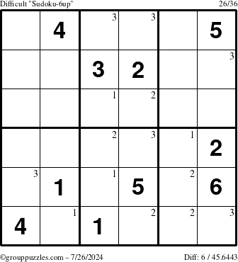 The grouppuzzles.com Difficult Sudoku-6up puzzle for Friday July 26, 2024 with the first 3 steps marked