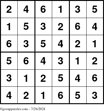 The grouppuzzles.com Answer grid for the Sudoku-6up puzzle for Friday July 26, 2024