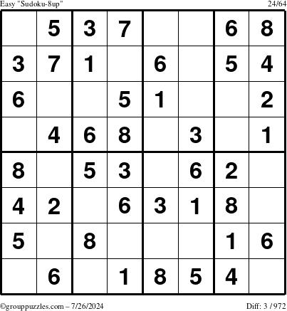 The grouppuzzles.com Easy Sudoku-8up puzzle for Friday July 26, 2024