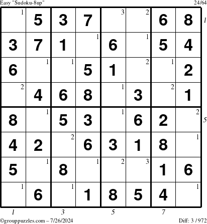 The grouppuzzles.com Easy Sudoku-8up puzzle for Friday July 26, 2024 with all 3 steps marked