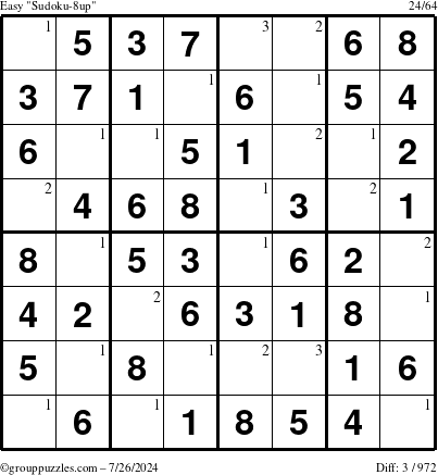 The grouppuzzles.com Easy Sudoku-8up puzzle for Friday July 26, 2024 with the first 3 steps marked