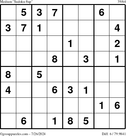 The grouppuzzles.com Medium Sudoku-8up puzzle for Friday July 26, 2024