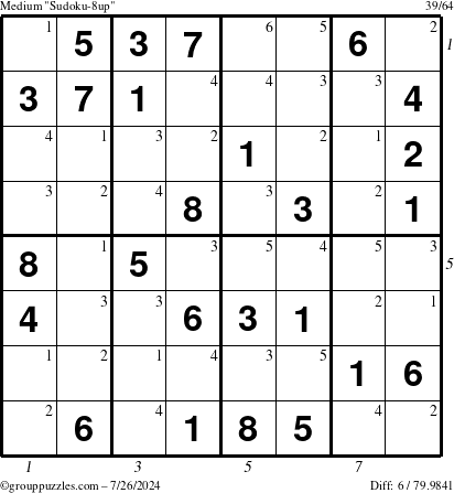 The grouppuzzles.com Medium Sudoku-8up puzzle for Friday July 26, 2024 with all 6 steps marked