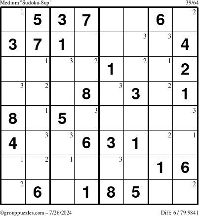 The grouppuzzles.com Medium Sudoku-8up puzzle for Friday July 26, 2024 with the first 3 steps marked