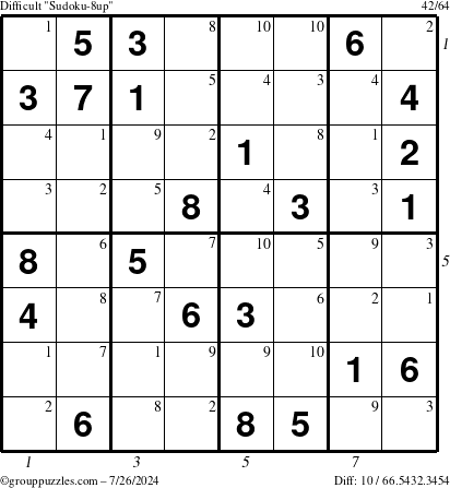 The grouppuzzles.com Difficult Sudoku-8up puzzle for Friday July 26, 2024 with all 10 steps marked