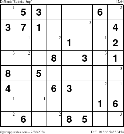 The grouppuzzles.com Difficult Sudoku-8up puzzle for Friday July 26, 2024 with the first 3 steps marked