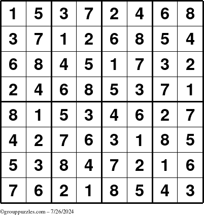 The grouppuzzles.com Answer grid for the Sudoku-8up puzzle for Friday July 26, 2024