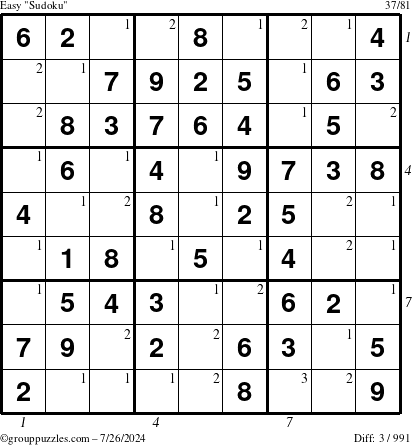 The grouppuzzles.com Easy Sudoku puzzle for Friday July 26, 2024 with all 3 steps marked