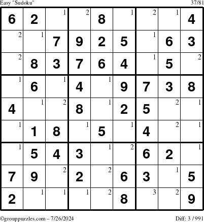 The grouppuzzles.com Easy Sudoku puzzle for Friday July 26, 2024 with the first 3 steps marked